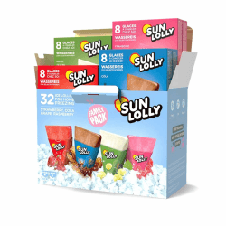 Sun Lolly Wassereis Mixbox mit 4 Sorten | Erdbeere, Cola, Weintraube, Himbeere | Mit Fruchtsaft | Zum Selbsteinfrieren | Ohne künstliche Aromen | Praktisch als Familienbox | 4 x 8 x 60ml Angebot bei HelloDeals