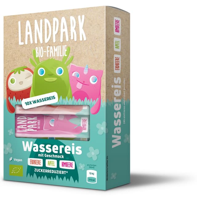 Landpark Bio-Wassereis 10x 40 ml - Unser Wassereis enthält kaum Zucker - 100% Bio Qualität - 3 Geschmacksrichtungen (4x Erdbeere, 4x Himbeere, 2x Apfel) - Das perfekte Eis für den Sommer 10 x 40ml (1er Pack)