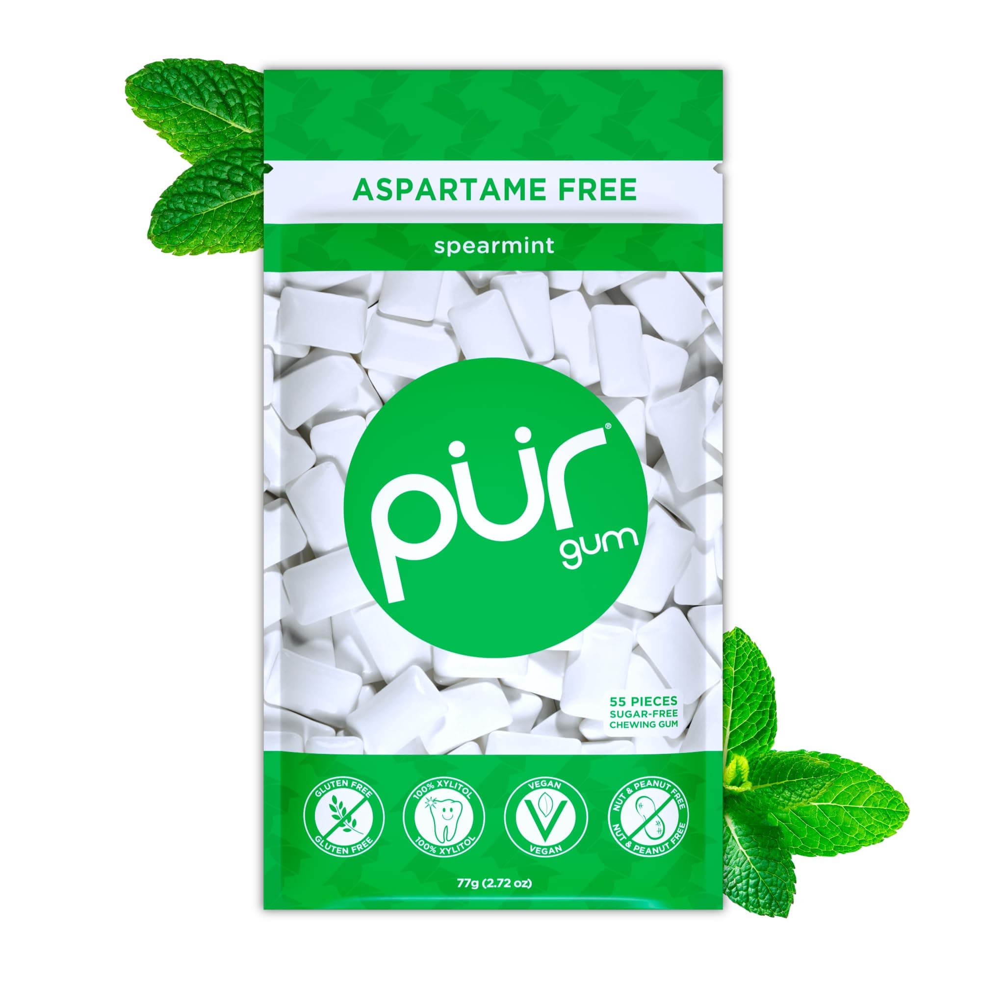 Pur Gum | Zuckerfreier Kaugummi | 100% Xylit | Vegan, Aspartamfrei, Glutenfrei & Diabetikerfreundlich | Natürlicher Kaugummi Mit Spearmint-Geschmack, 55 Stück (1er Pack) Spearmint 55 stück (1er Pack)