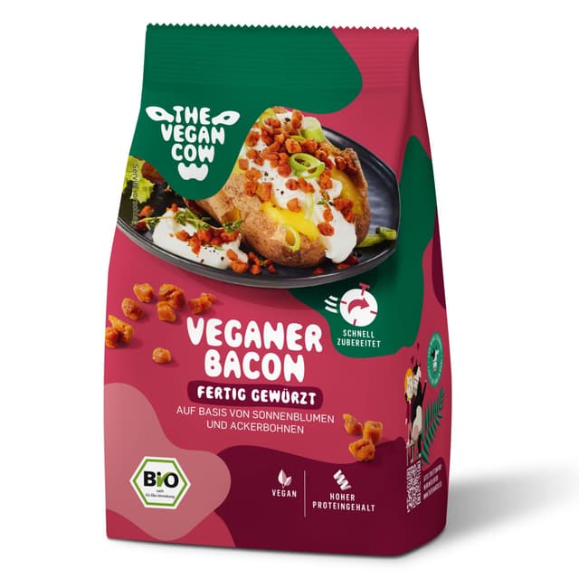 THE VEGAN COW Veganer Bacon - Bio-Fleischersatz - fertig gewürzt - 75g - doppelte Proteinquelle - TOP Qualität, Geschmack und Konsistenz - Allergenfrei und ohne Soja Veganer Bacon 75g