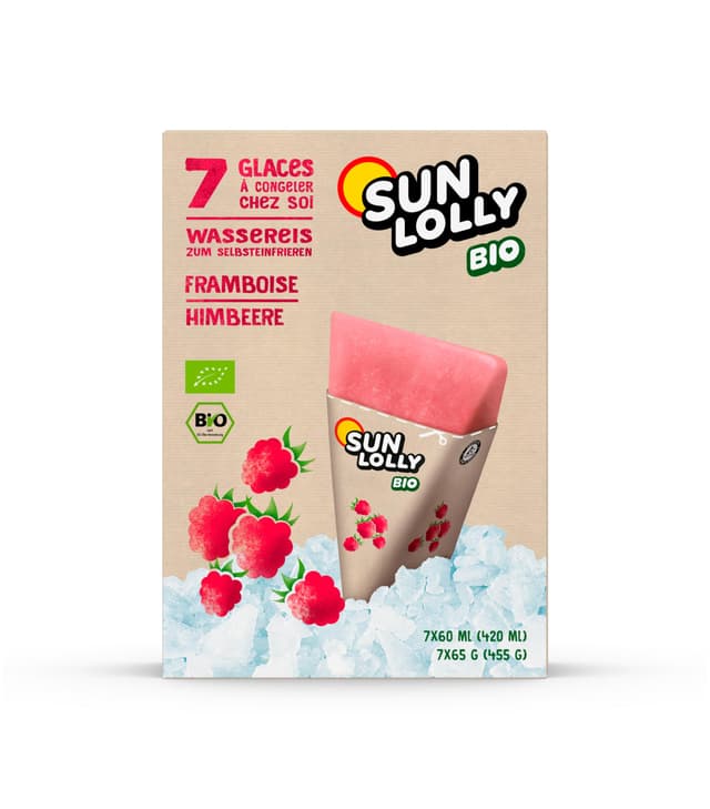 Sun Lolly Bio Wassereis Himbeere 7 Stk | Mit Fruchtsaft | Zum Selbsteinfrieren | Ohne künstliche Aromen | Frei von Süßungsmittel | Laktosefrei | Glutenfrei | Vegan | 7 x 60ml 420 ml (1er Pack)