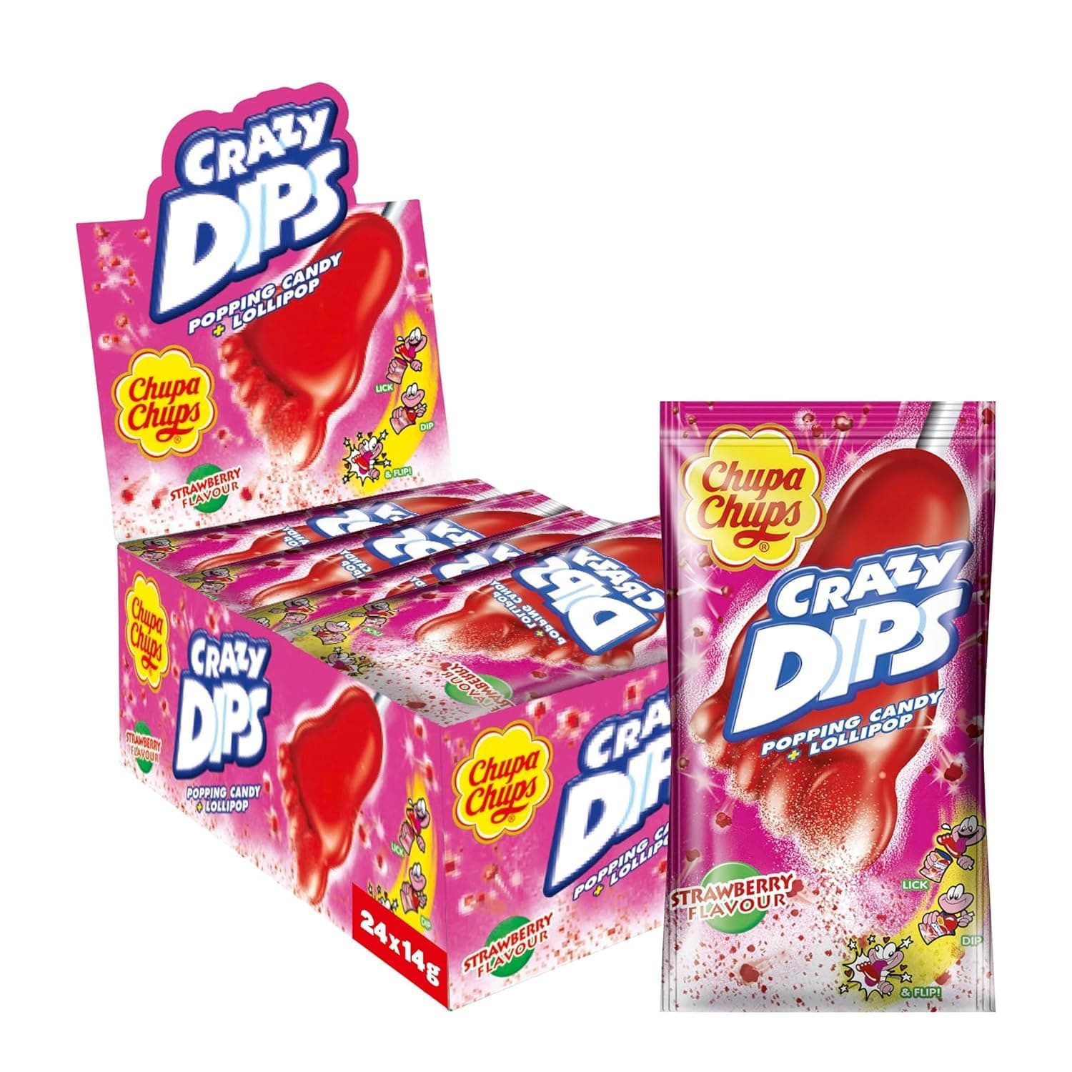 Chupa Chups Crazy Dips Strawberry, enthält 24 Stück, fruchtig-süßer Erdbeer-Geschmack, geeignet für Geburtstag, Halloween, Weihnachten, 24 x 14g Erdbeere 24 Stück (1er Pack)