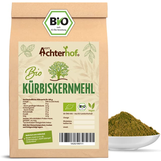 Kürbiskernmehl Bio 1000g | mit 60% Proteingehalt | pflanzliche Eiweißquelle | Proteingehalt von 60g Eiweiß pro 100g | höchste Bioqualität | für süße als auch herzhafte Speisen | vom Achterhof