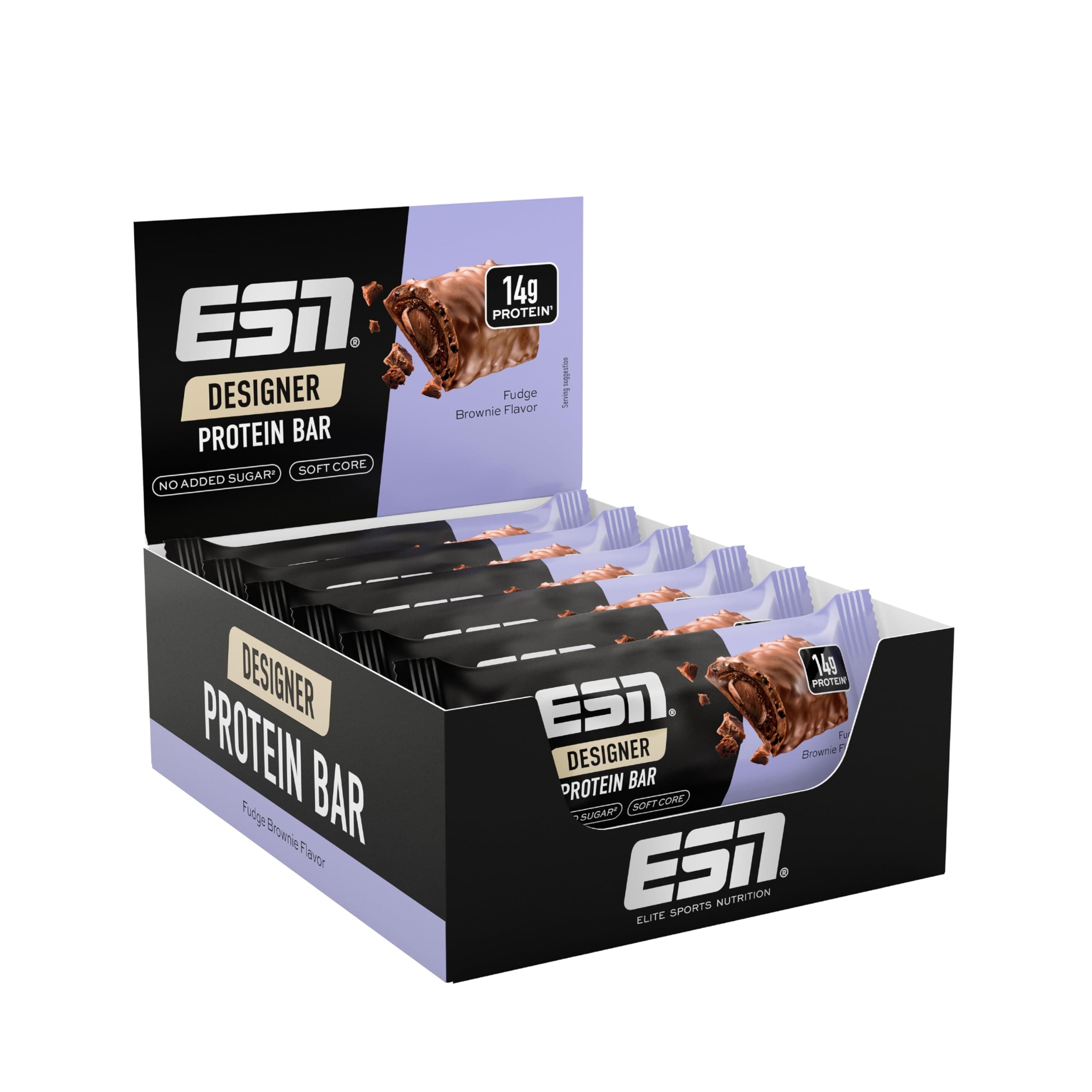 ESN Designer Bar Box, Fudge Brownie, 12 x 45 g, der ideale Snack mit bis zu 14 g Protein pro Riegel - made in Germany