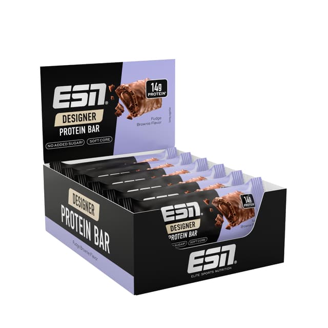 ESN Designer Bar Box, Fudge Brownie, 12 x 45 g, der ideale Snack mit bis zu 14 g Protein pro Riegel - made in Germany