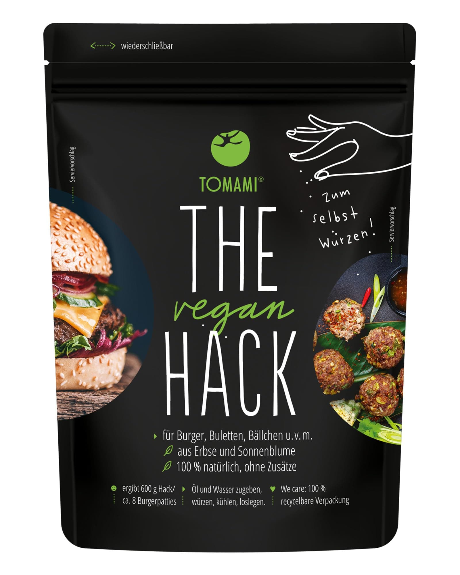 Tomami The Vegan Hack 1kg – Proteinreiche ungewürzte Hackfleischalternative aus Erbsen- & Sonnenblumen - Für 3kg Veganes Hack - Soja- & Glutenfrei 1000 g
