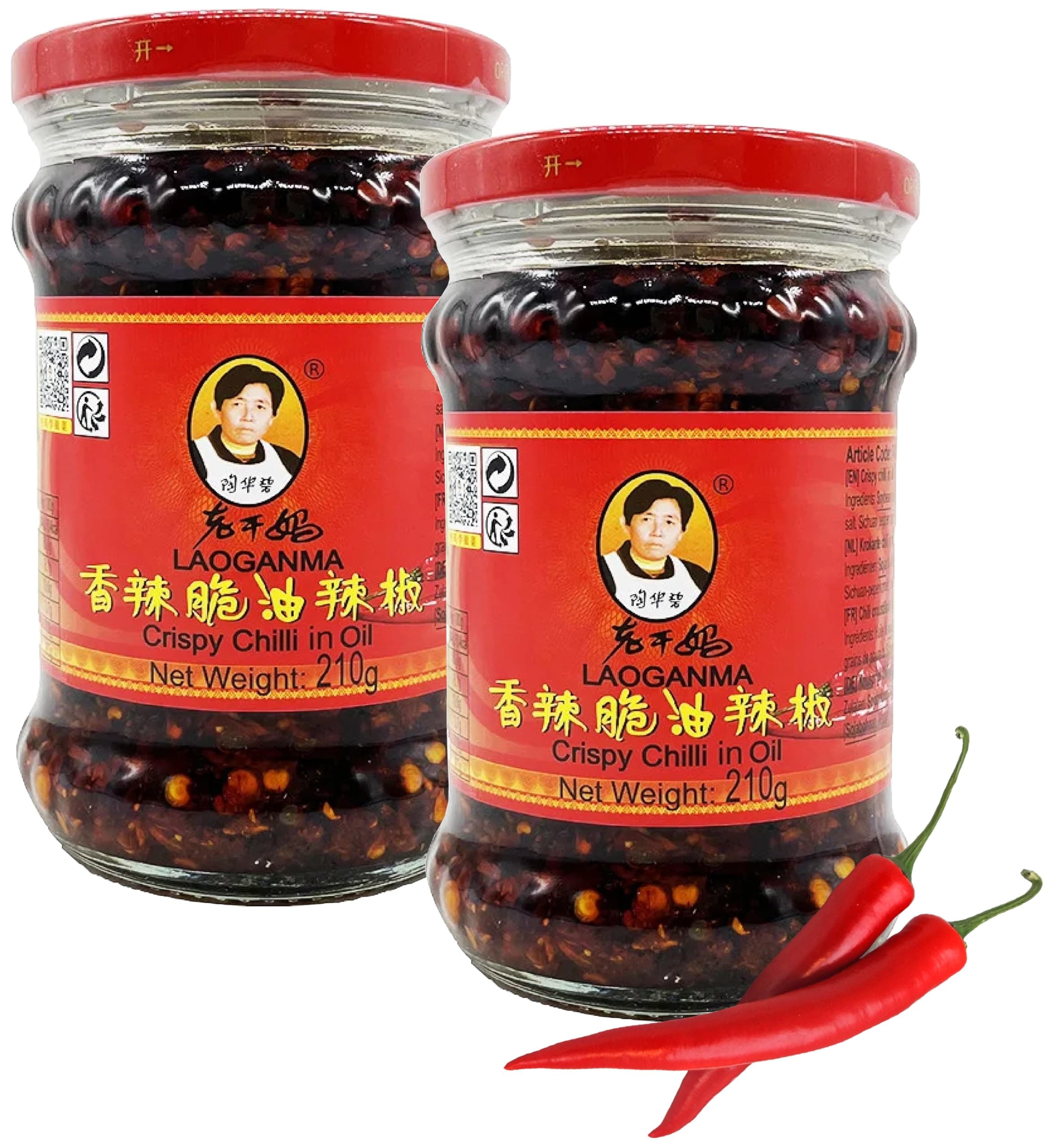 Lao Gan Ma Crispy Chilli in Öl 2er Set (2x210g) - Knusprige Chilis in Öl - Original aus China - umverpackt & importiert von Pikaflor®