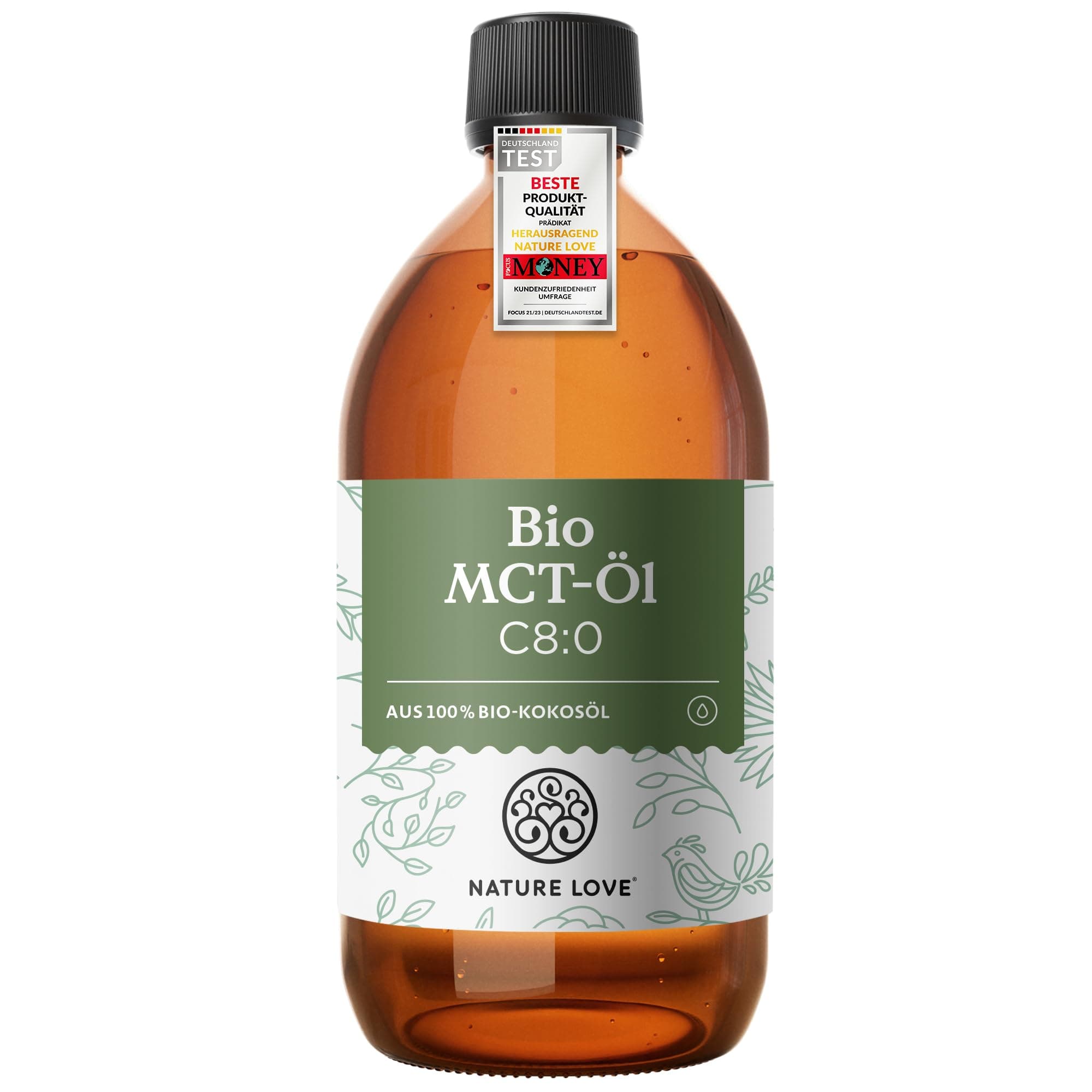 NATURE LOVE® Bio MCT-Öl C8 – 500ml für deine Keto Diät – aus 100% Bio-Kokosöl – für Ketogene Ernährung - geschmacks- und geruchsneutral – exogene Ketone – vegan 1er Pack