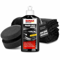 Auto Politur Set | Sonax Polish & Wax Color Schwarz 250ml Autopolitur + Polierschwamm + Poliertuch | Polierpaste für dunkle Metalliclacke zur Entfernung kleiner Kratzer | Polierset Angebot bei HelloDeals