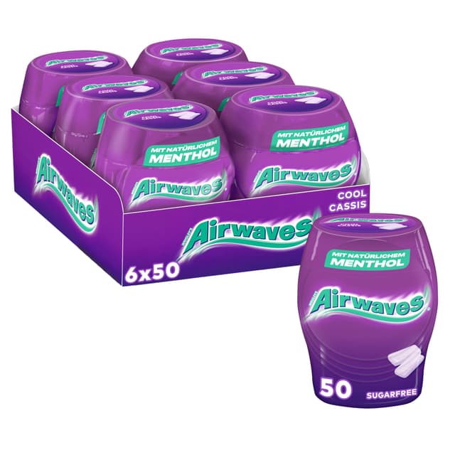 Airwaves Kaugummi Zuckerfrei, Cool Cassis Gum, 6 x 50 Dragees, Großpackung Chewing Gum, Mit Natürlichem Menthol, Kaugummi ohne Zucker mit Minz Frische (300 Dragees) Cool Cassis 50 stück (6er Pack)