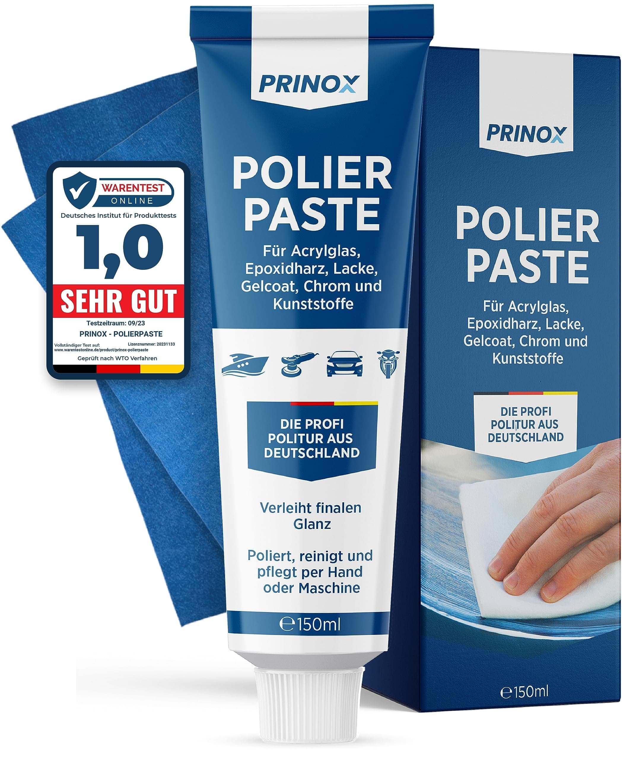 PRINOX 150ml Polierpaste inkl. Profi Poliertuch I Politur für Acrylglas, Epoxidharz, Lacke, Gelcoat gfk, Chrom & Kunststoffe I Entfernt Mattierungen & Mikro Kratzer 150 ml