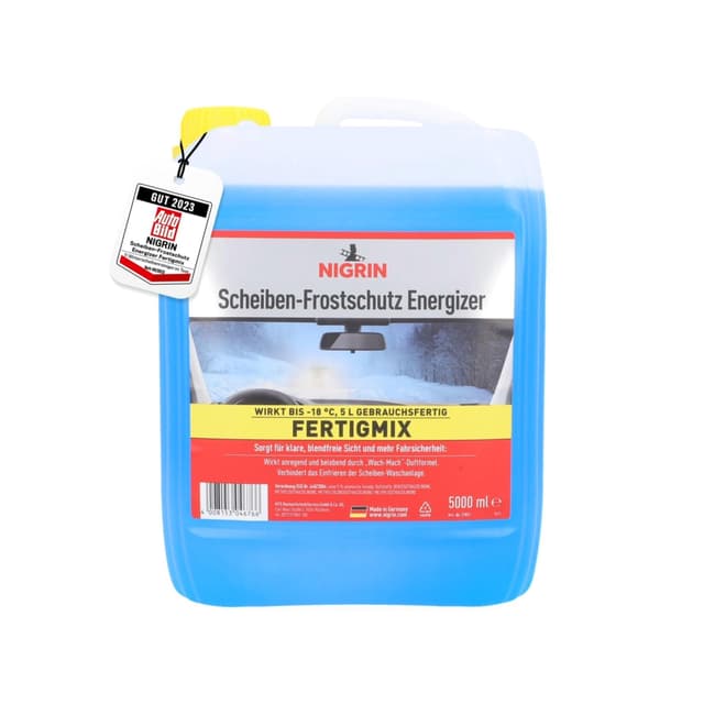 NIGRIN Scheiben Frostschutz Fertigmix ENERGIZER | 5 Liter | wirksam bis -18°C | Reinigungszusatz für Autoscheiben und Scheinwerfer | gegen Schnee, Salz, Öl, Ruß | schlierenfreie Sicht | Wach-Mach Duft ENERGIZER 5 l (1er Pack)