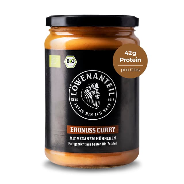 Löwenanteil - 100% Bio-Eintopf ERDNUSS CURRY - 570g Glas - Proteinreiches Bio-Fertiggericht mit veganen Hühnchen & cremiger Erdnussbutter - Ohne Zuckerzusatz & Glutenfrei 1 stück (1er Pack)