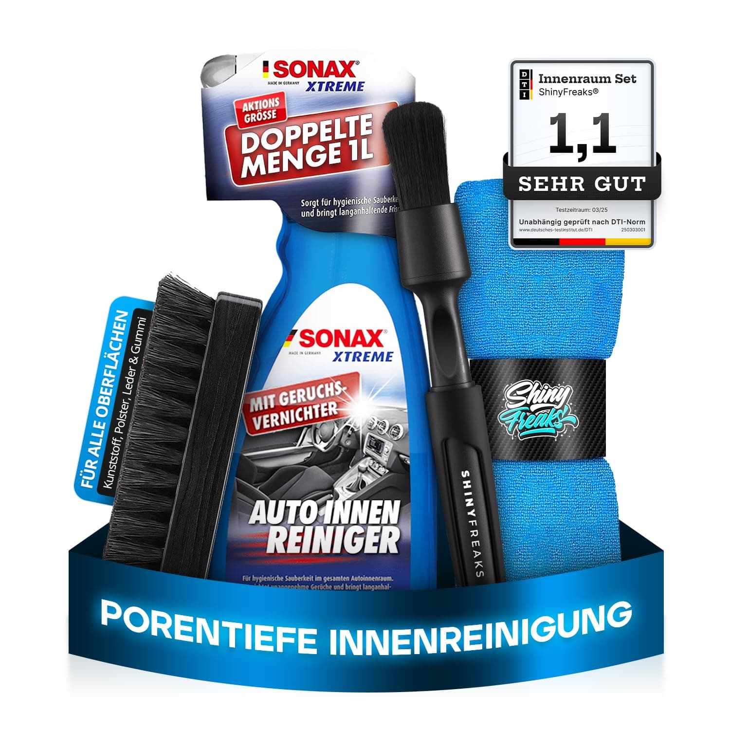 SONAX XTREME (1L) Innenraumreiniger Auto + Bürste + chemicalworkz Pinsel + Shiny Freaks Mikrofasertuch - Auto Innenraum Reiniger, Kunststoff, Polster, Leder, Cockpitpflege, Auto Reinigungsset