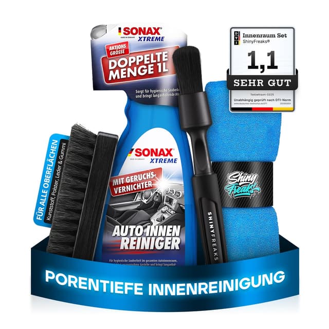 SONAX XTREME (1L) Innenraumreiniger Auto + Bürste + chemicalworkz Pinsel + Shiny Freaks Mikrofasertuch - Auto Innenraum Reiniger, Kunststoff, Polster, Leder, Cockpitpflege, Auto Reinigungsset