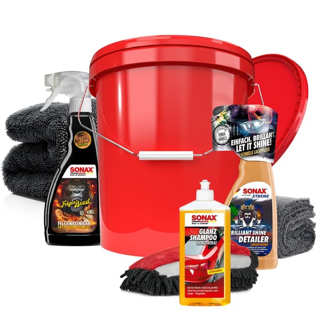 Autowäsche Set - SONAX: Autoshampoo, Felgenbeast Felgenreiniger, Brilliant Shine Detailer - Detailmate: Trockentuch, Waschhandschuh, Wascheimer mit Deckel - Autoreinigungsset Aussen Deluxe