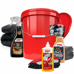 Autowäsche Set - SONAX: Autoshampoo, Felgenbeast Felgenreiniger, Brilliant Shine Detailer - Detailmate: Trockentuch, Waschhandschuh, Wascheimer mit Deckel - Autoreinigungsset Aussen Deluxe Angebot bei HelloDeals