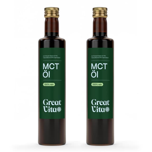 GreatVita MCT Öl auf Kokosölbasis 2x 500 ml | C8 & C10 Fettsäuren, Premium Qualität - 70% Caprylsäure & 30% Caprinsäure - Aufdruck kann variieren 500 ml (2er Pack)