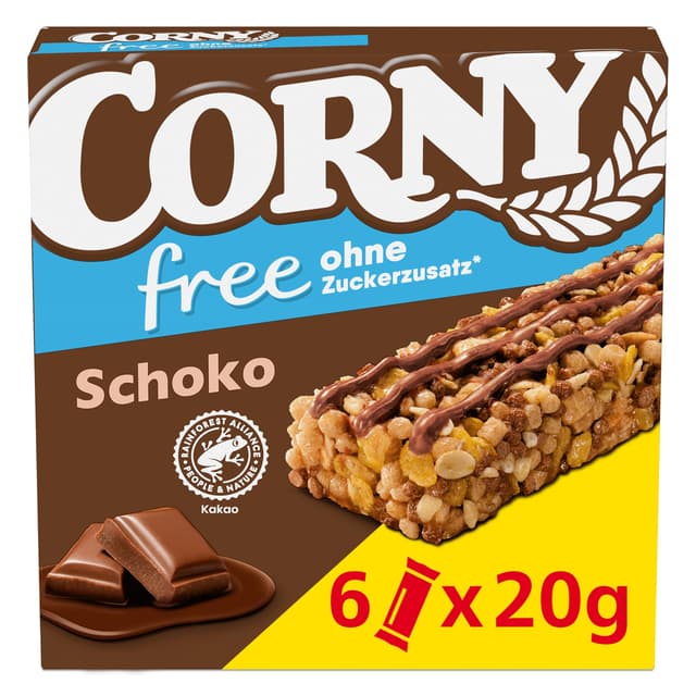 Müsliriegel CORNY free Schoko, ohne Zuckerzusatz, 67 kcal pro Riegel, 6x20g Schoko 6 Stück (1er Pack)