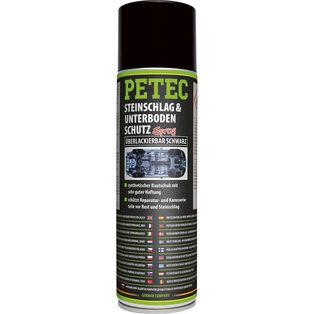 PETEC Unterbodenschutz Spray Steinschlagschutz überlackierbar. 500 ml Rostschutz in schwarz aus Kautschuk für Auto und Wohnwagen Unterboden 73250
