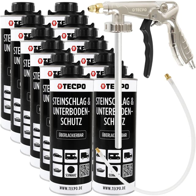 TECPO Unterbodenschutz Bitumen Überlackierbar, 12 Liter Saugdose schwarz UBS Set mit Druckluft Sprühpistole für Steinschlagschutz Karosserieschutz Rostschutzmittel