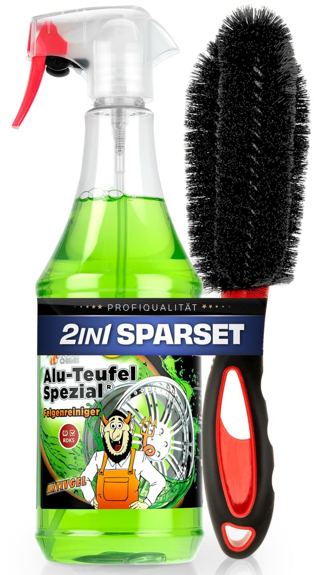 Autopflege Felgen Reinigungsset | Tuga Alu Teufel Spezial Felgenreiniger Gel 1l + Felgenbürste | Alufelgen Reiniger Set mit Bürste zur effizienten Auto Felgenpflege kurze Felgenbürste