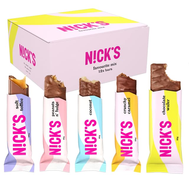 NICKS Schokolade Keto Riegel ohne Zuckerzusatz, Favoriten Mix box mit Schokoriegel Glutenfrei, Low carb Süßigkeiten ohne Palmöl (Probierpaket mit 12 Snacks bars) Favorite mix 1 Stück (1er Pack)