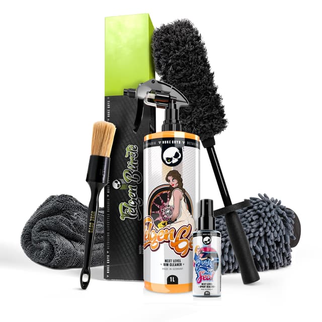 Nuke Guys Felgen Reinigungsset | Felgenreiniger 1l mit Indikator + Mikrofaser Felgenbürste + Felgenversiegelung 100ml + Felgenpinsel + Felgenhandschuh + Trockentuch | Auto Felgenpflege Set