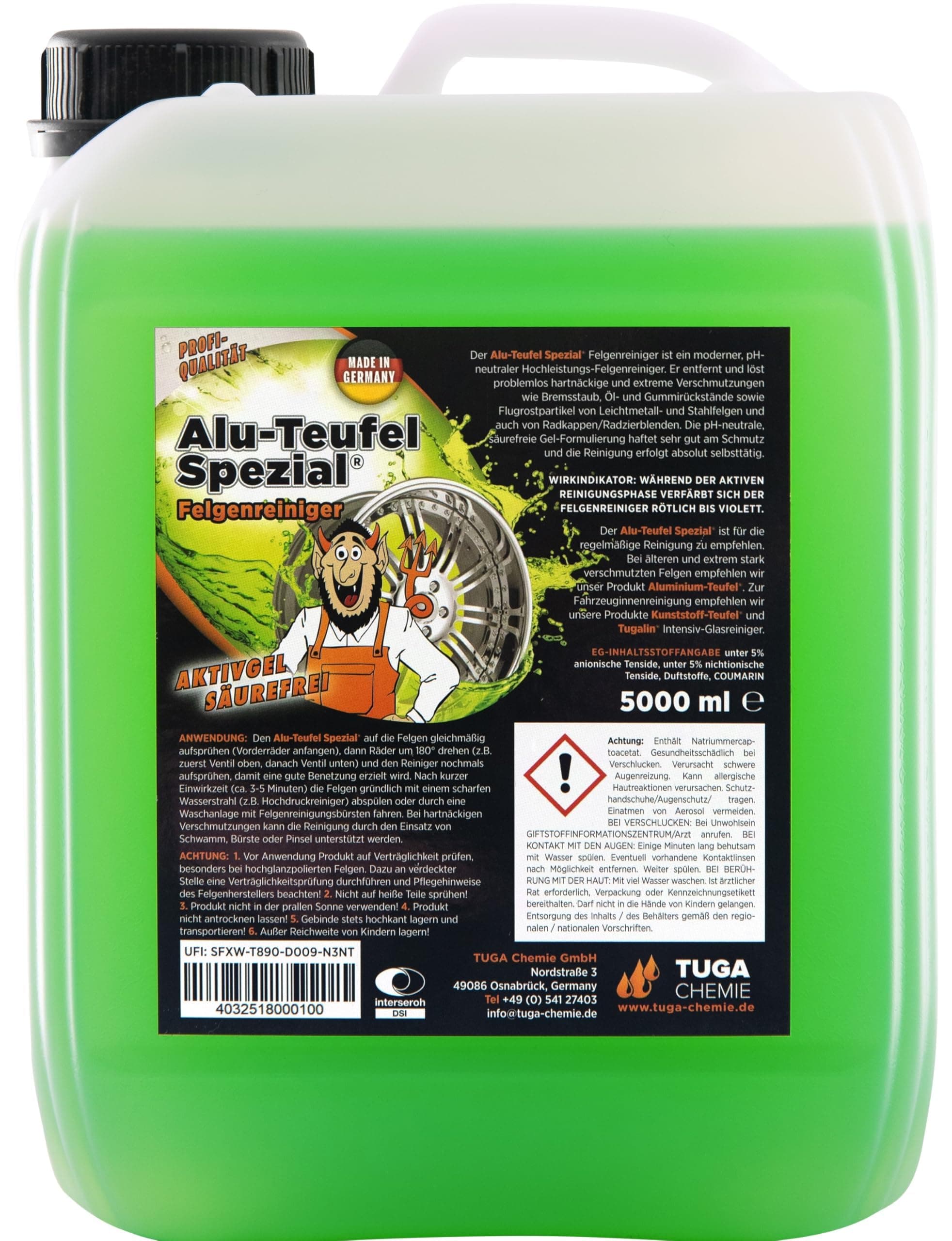 Tuga Chemie Alu-Teufel Spezial Felgenreiniger Grün – Profi Felgenreiniger gegen Bremsstaub & Schmutz – Säurefrei, Materialschonend, Glanzverstärkend – 5 L Kanister – Made in Germany 5 l (1er Pack)
