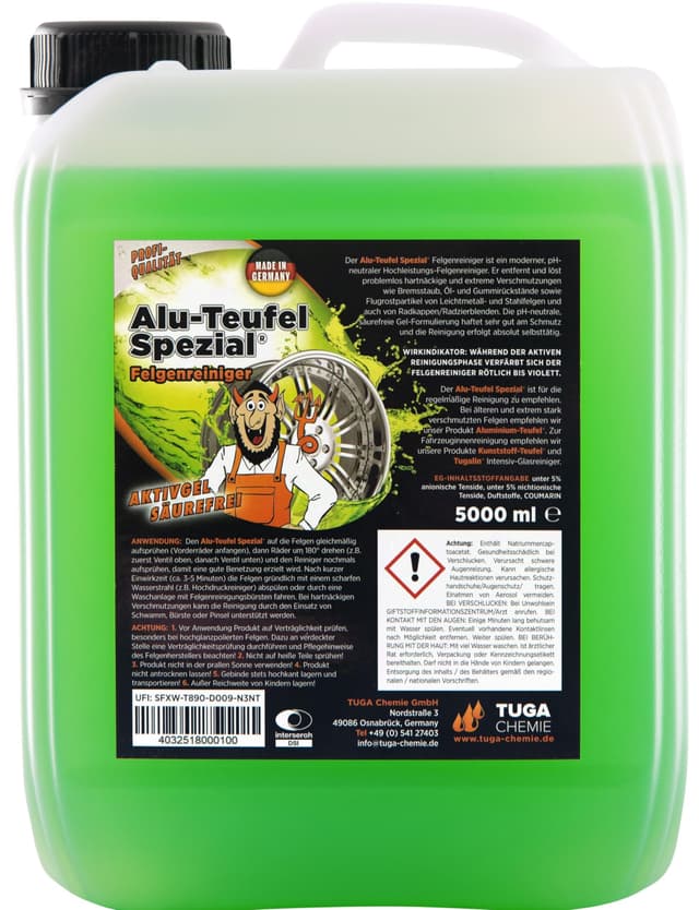 Tuga Chemie Alu-Teufel Spezial Felgenreiniger Grün – Profi Felgenreiniger gegen Bremsstaub & Schmutz – Säurefrei, Materialschonend, Glanzverstärkend – 5 L Kanister – Made in Germany 5 l (1er Pack)