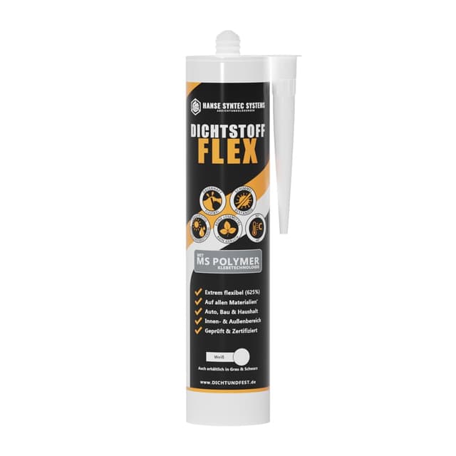 HSS Dichtstoff FLEX, MS Polymer, Dichtstoff, Fugendichtstoff, Innen und Außen, alle Materialien, UV- und witterungsbeständig, ohne Silikon, 625% Dehnfähigkeit, Wohnwagenabdichtung (Weiß, 290ml) Weiß (290ml)