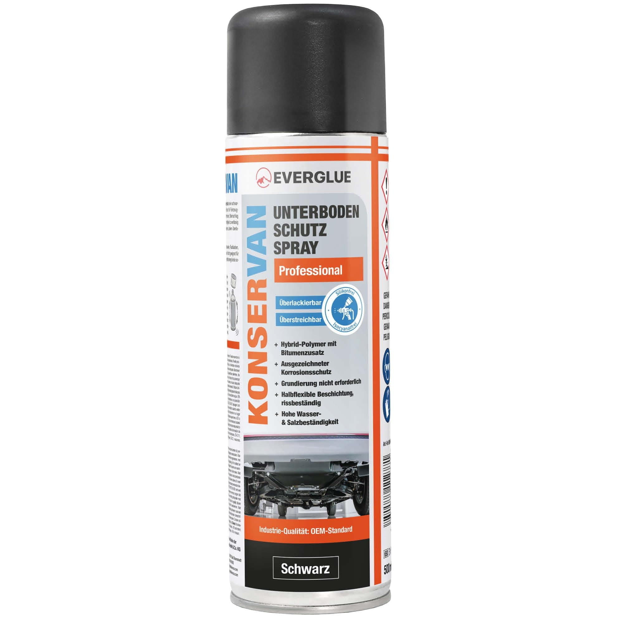 Everglue Konservan Professional Unterbodenschutzspray Hybrid-Polymer mit Bitumenzusatz, schwarz, 500 ml Aerosol dauerhafter Schutz gegen Rost, Steinschlag & Witterung (1)