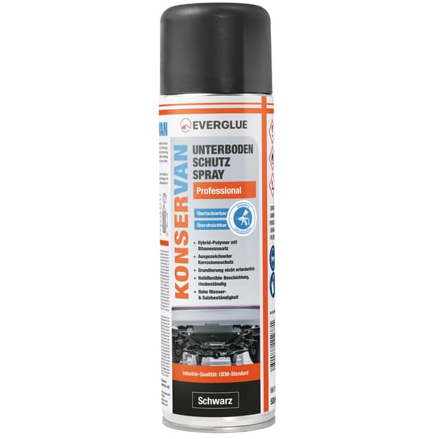 Everglue Konservan Professional Unterbodenschutzspray Hybrid-Polymer mit Bitumenzusatz, schwarz, 500 ml Aerosol dauerhafter Schutz gegen Rost, Steinschlag & Witterung (1)
