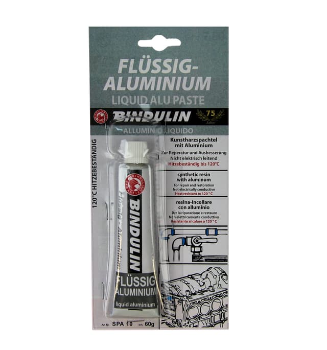 Bindulin Flüssig Aluminium 60g - gebrauchsfertige Reparaturmasse aus Kunstharzspachtel mit Aluminium - geeignet für Auto KFZ Wassersport Marine Alu-Felgen Yacht Modellbau - Markenware