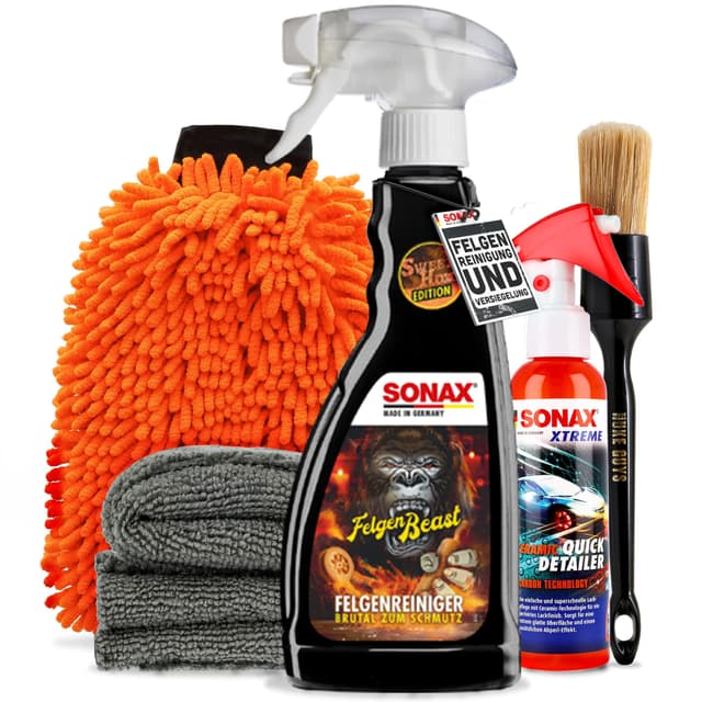 Felgenreinigung & Versiegelung Set | Sonax Felgenbeast Felgenreiniger 500ml Sonderedition + Sonax Xtreme Ceramic Quick Detailer 140ml + Felgenpinsel + Waschhandschuh Felgenreinigungs- und Versiegelungs-Set