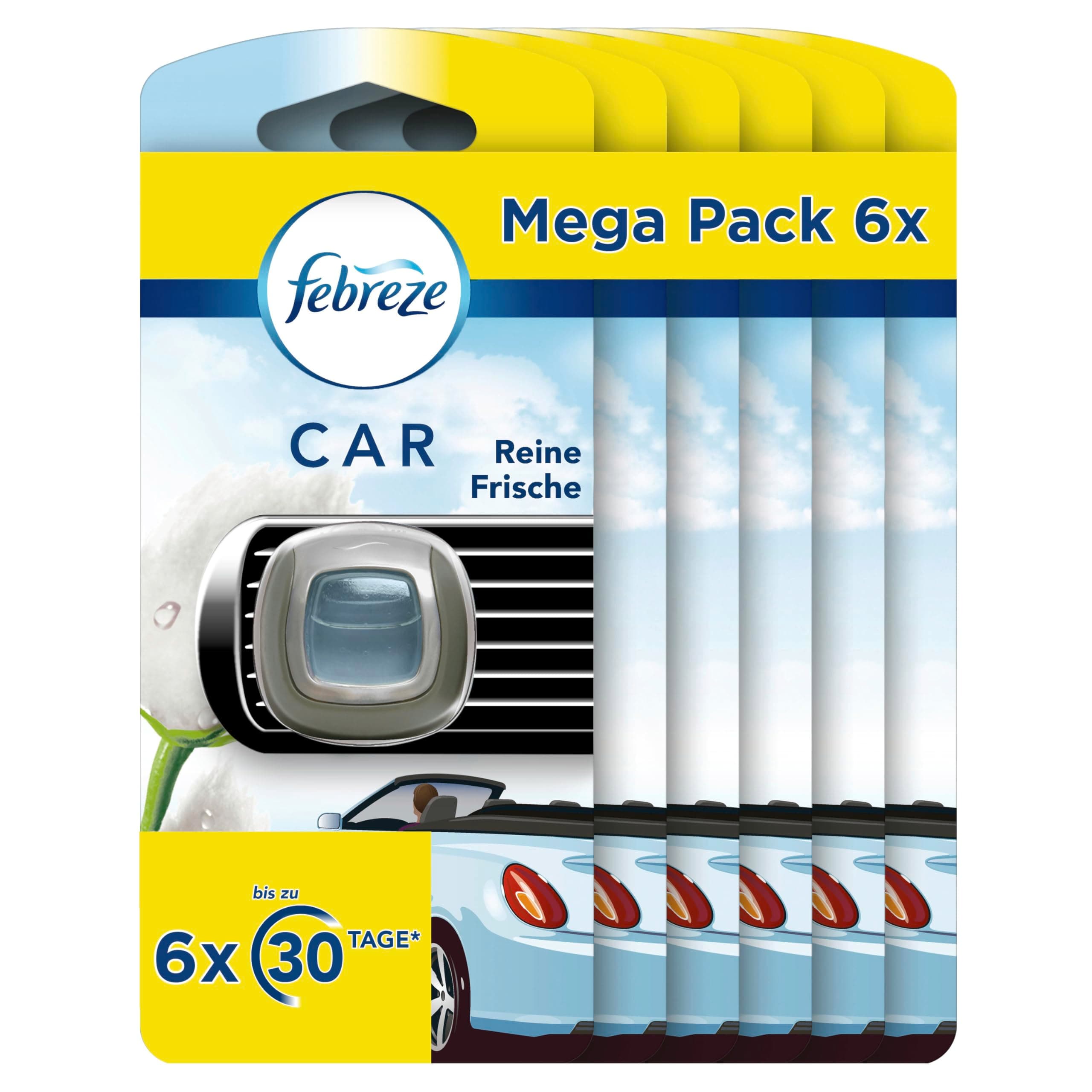 Febreze Auto Lufterfrischer Clip, 12 ml (6 × 2 ml), Reine Frische, Auto Duft bekämpft Gerüche bis zu 70 Tage