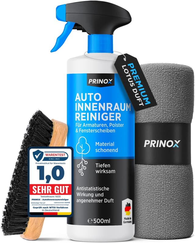PRINOX Profi Auto Innenraum Reiniger Set 500ml - Cockpitpflege für die Innen Reinigung von Kunststoff, Polster, Leder & Armaturen - Autopflege Innenraumreiniger mit Bürste - Cockpit Reiniger Reiniger Set 1 x 580ml (Bürste + Mikrofasertücher)