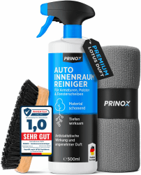 PRINOX Profi Auto Innenraum Reiniger Set 500ml - Cockpitpflege für die Innen Reinigung von Kunststoff, Polster, Leder & Armaturen - Autopflege Innenraumreiniger mit Bürste - Cockpit Reiniger Reiniger Set 1 x 580ml (Bürste + Mikrofasertücher) Angebot bei HelloDeals