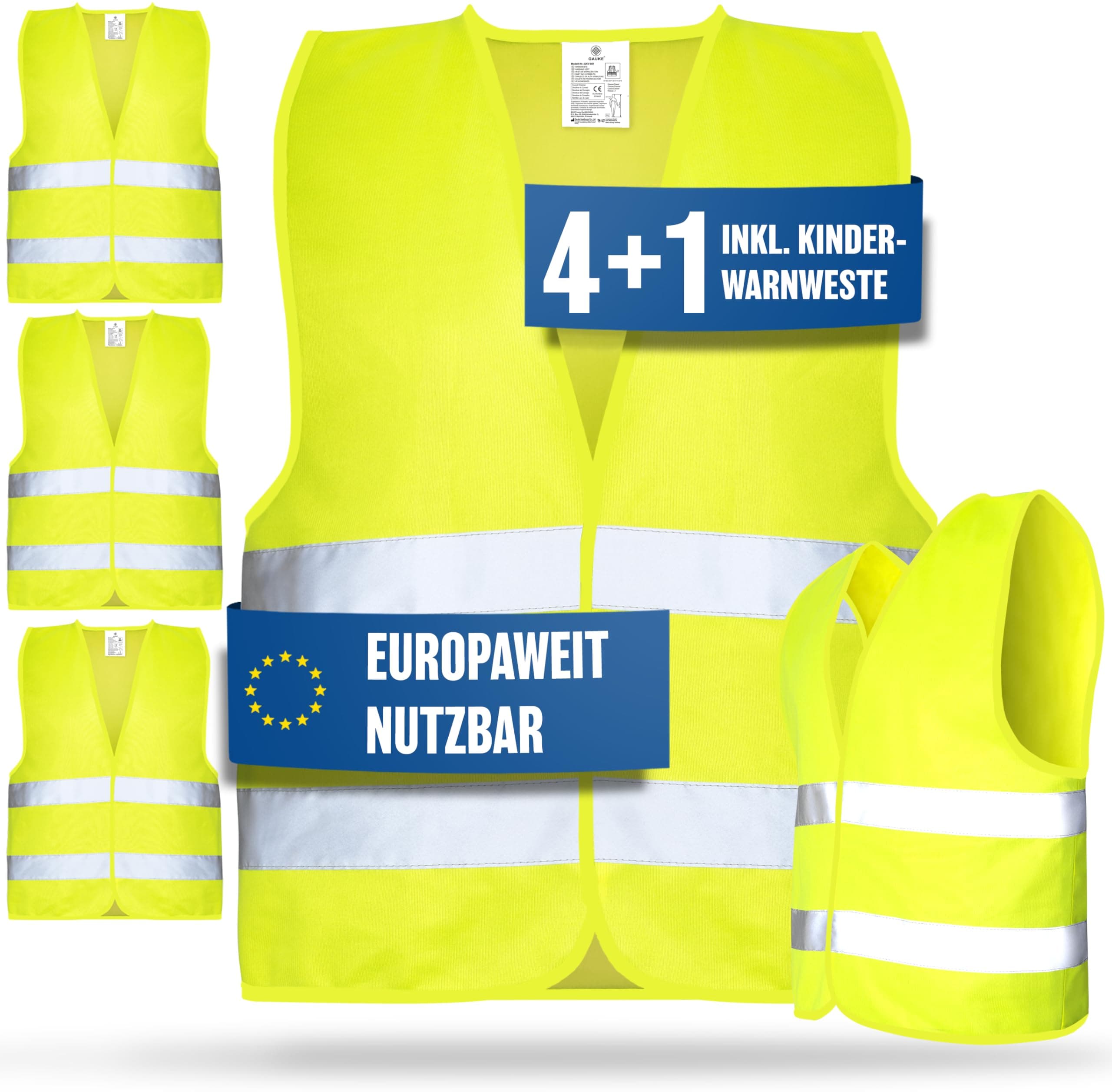 HELDENWERK Warnwesten Auto 5er 4+1 Set Europaweit gültig nach EN ISO 20471 - Reflektierende Warnweste Auto inkl. Kinderweste - Sicherheitsweste Auto Warnweste Gelb - Warnschutzweste Sicherheitswesten