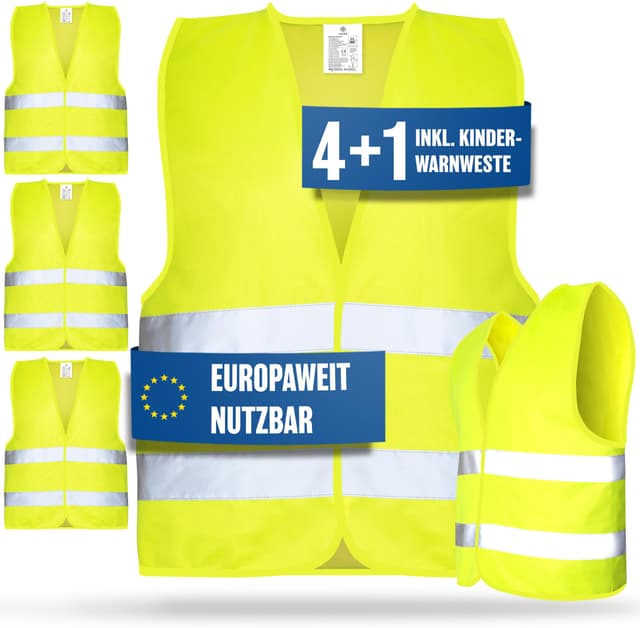 HELDENWERK Warnwesten Auto 5er 4+1 Set Europaweit gültig nach EN ISO 20471 - Reflektierende Warnweste Auto inkl. Kinderweste - Sicherheitsweste Auto Warnweste Gelb - Warnschutzweste Sicherheitswesten