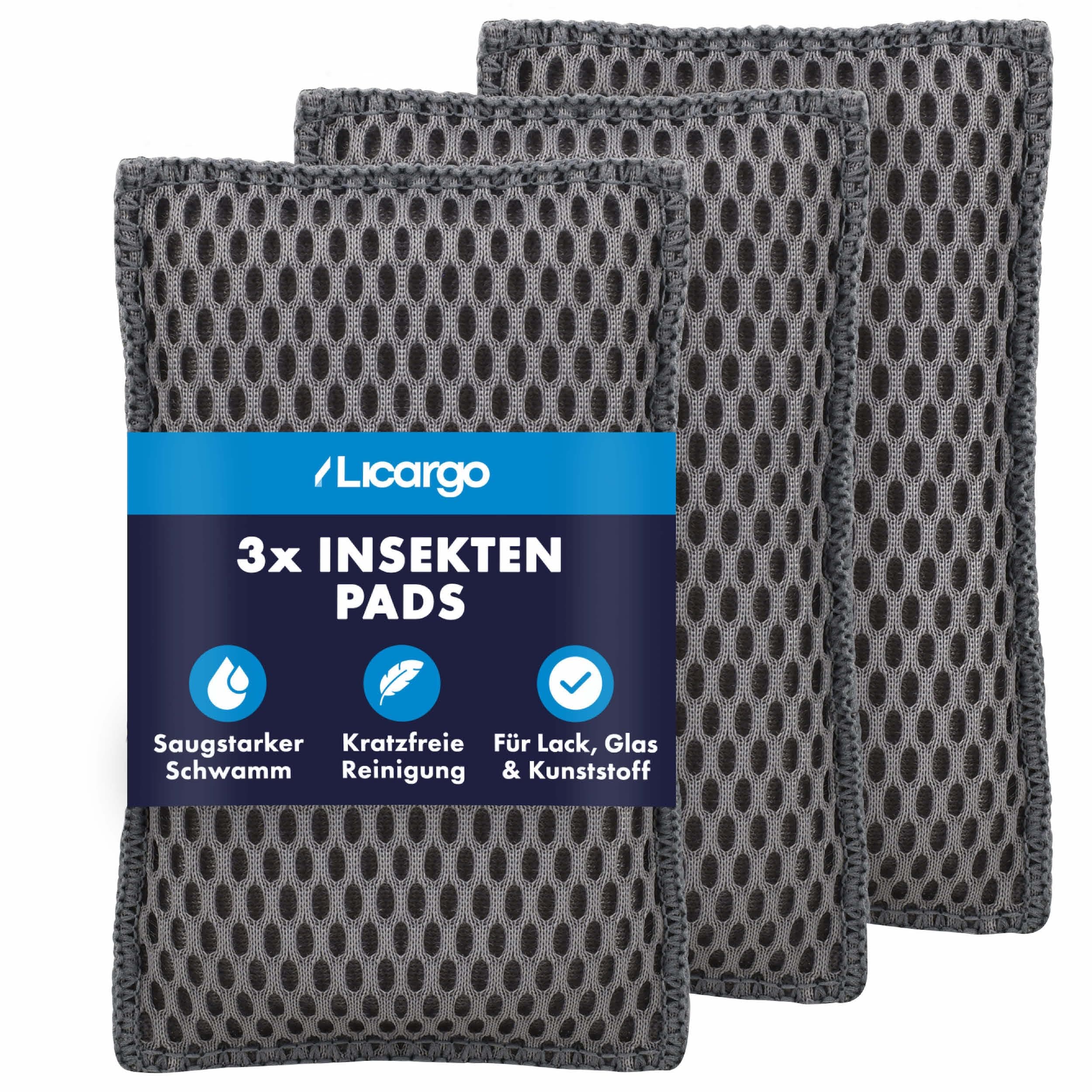 LICARGO® Insektenschwamm (3 Stück) - löst Insektenreste schonend & effektiv von Glas, Lack & Kunststoff - garantiert kratzerfreie Reinigung mit Fliegenschwamm Auto - 13x8 cm - 3X Insekten Pad