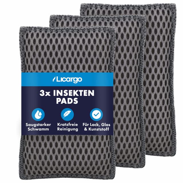 LICARGO® Insektenschwamm (3 Stück) - löst Insektenreste schonend & effektiv von Glas, Lack & Kunststoff - garantiert kratzerfreie Reinigung mit Fliegenschwamm Auto - 13x8 cm - 3X Insekten Pad