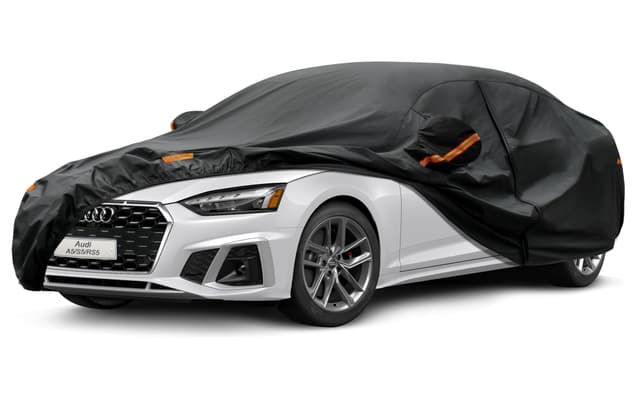 Kayme Autoplane Wasserdicht Atmungsaktiv für Audi A5 (2009-2025), 7 Schichten Vollgarage Autoabdeckung für Regen Sonne Staub Schutz Verkratzt, Autoabdeckung mit Reflektierenden Streifen. Passend für Audi A5(2009-2025) Schwarz