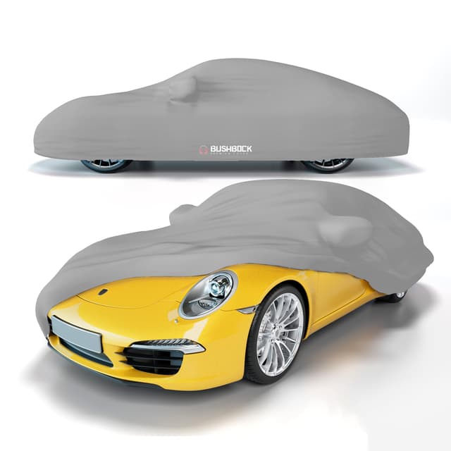 BUSHBOCK® Premium Autoabdeckung Indoor für Porsche o.ä. - Satin Schutzhülle Stoff - Abdeckplane Autoplane Autogarage Innenbereich - 2 Farben, 4 Größen (Silbergrau, M) M Silbergrau