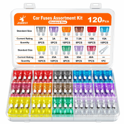 JOREST 120Pcs Kfz Sicherungen, Autosicherungen Set für Pkw Wohnmobil LKW Motorrad (2 Ampere 3A 5A 7.5A 10A 15A 20A 25A 30A 35A 40A) - Standard Flachsicherungen Auto +1 Sicherung Sicherungszieher 120 Stück mittel Angebot bei HelloDeals