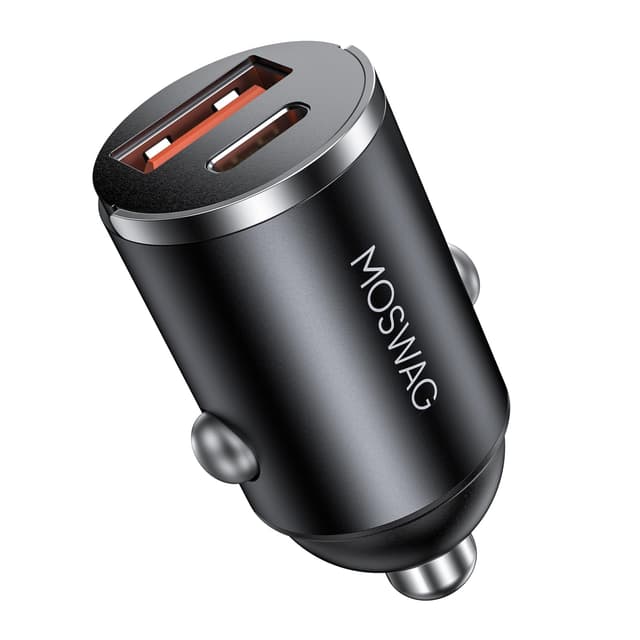 MOSWAG Zigarettenanzünder USB Ladegerät, Mini Autoladegerät USB C QC 3.0, Dual Ports Schnellladegerät Autoladegerät Für iPhone 16 15 Samsung Galaxy und Mehr 1 Pack Schwarz