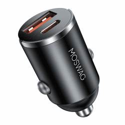 MOSWAG Zigarettenanzünder USB Ladegerät, Mini Autoladegerät USB C QC 3.0, Dual Ports Schnellladegerät Autoladegerät Für iPhone 16 15 Samsung Galaxy und Mehr 1 Pack Schwarz Angebot bei HelloDeals