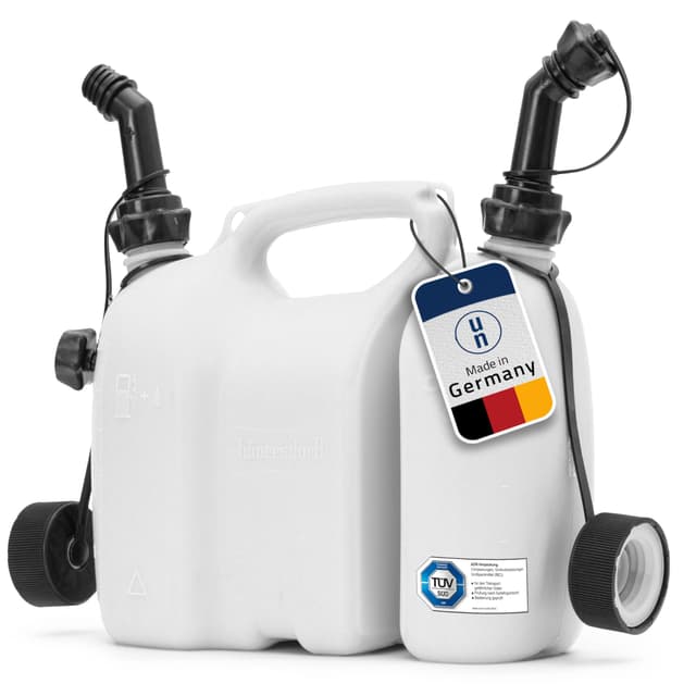 hünersdorff Doppelkanister/Kombikanister für Kraftstoff und Öl mit 2 Ablaufschläuchen, 3+1,5 Liter, UN-Zulassung, Made in Germany, Weiß, natur ohne Zubehör Natur (off-white or cream with a slight yellowish tint) 3 + 1,5 Ll