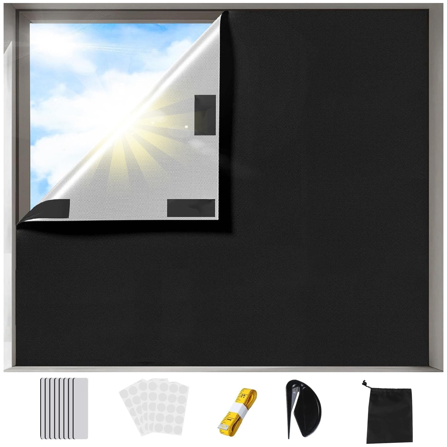 Fenster Verdunkelung Klettverschluss, 200x150cm Verdunklungsrollo Ohne Bohren, Verdunklungsfolie für Fenster Abdunkeln, Sonnenschutz Innen, Hitzeschutz Verdunklungsstoff, Verdunkelung Dachfenster