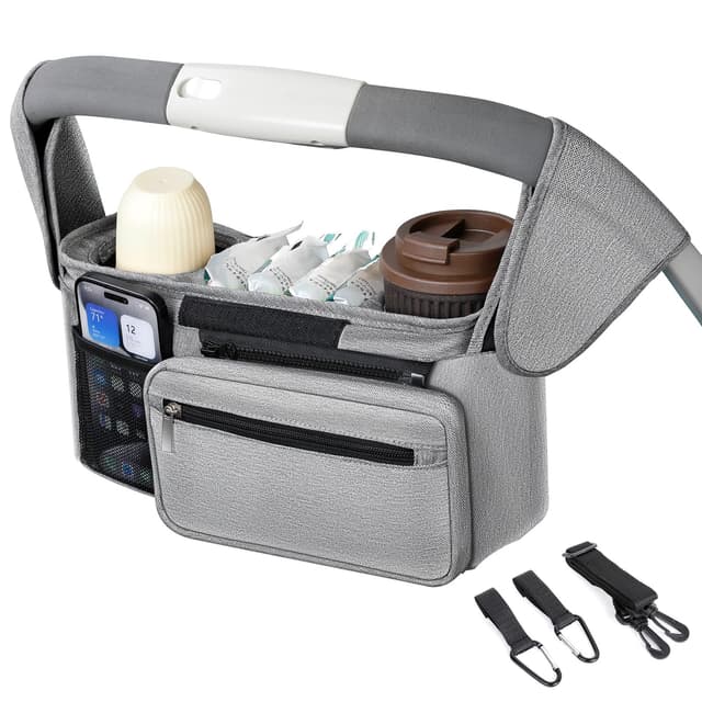 AiQInu Kinderwagen Organizer Universal mit 2 Isolierten Getränkehalter/Becherhalte, Buggy Organizer,Kinderwagentaschen mit Reißverschlusstasche, Schultergurt und Rutschfeste Sichere Haken Grau